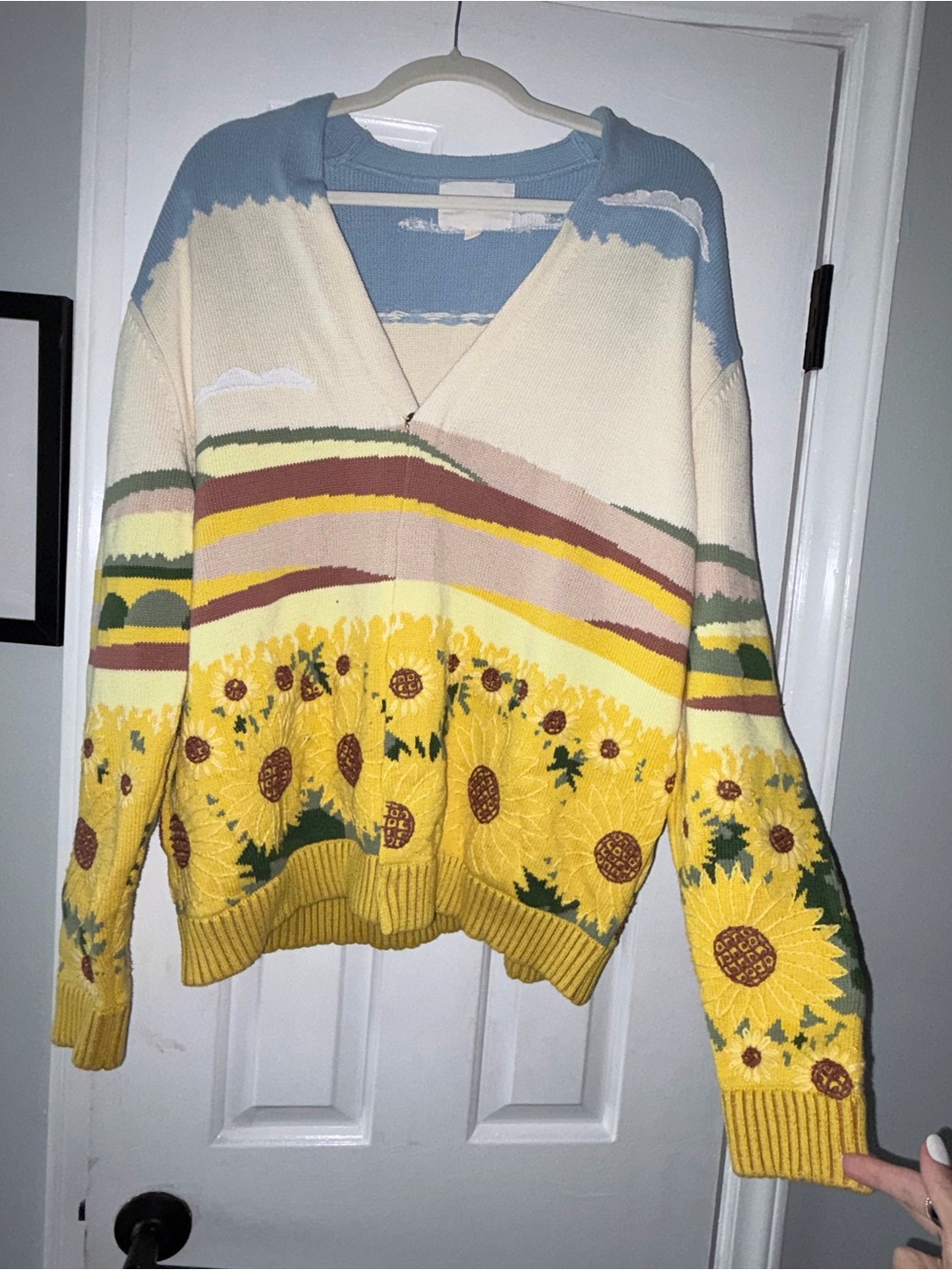 Sunflower V-Neck Knit Cardigan Sweater - Yellow/Cream/Blue